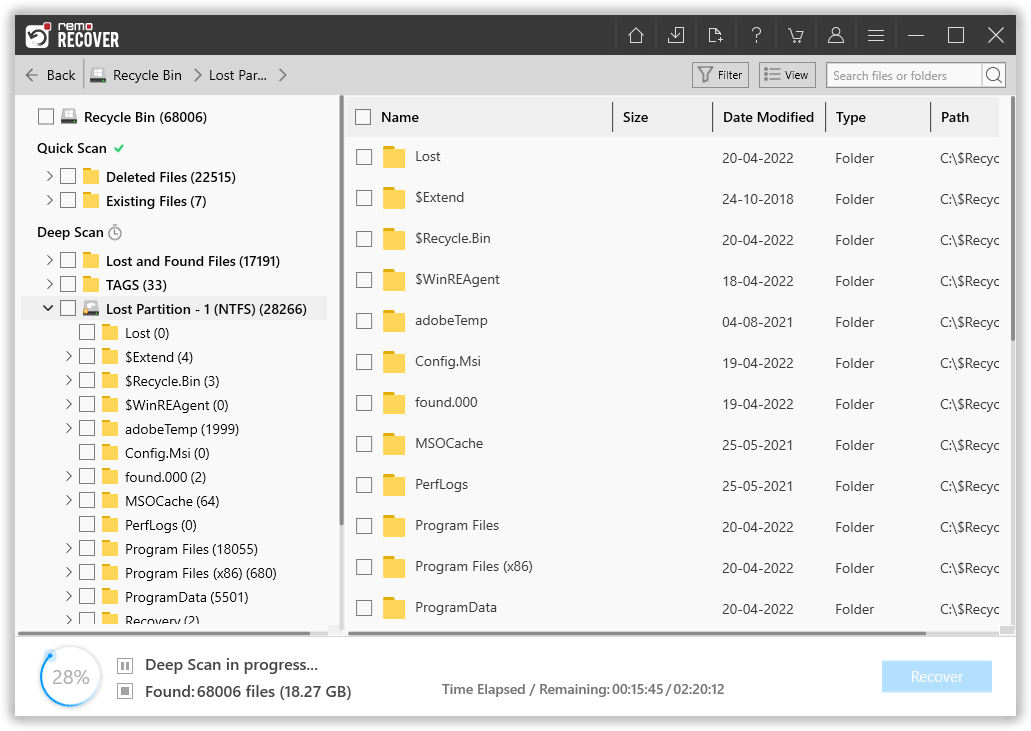 Recycle Bin Recovery - Files View